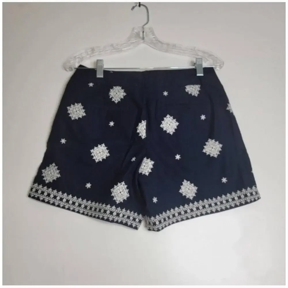LOFT Blue White Embroidered Bermudas Shorts Side Pockets Size 2